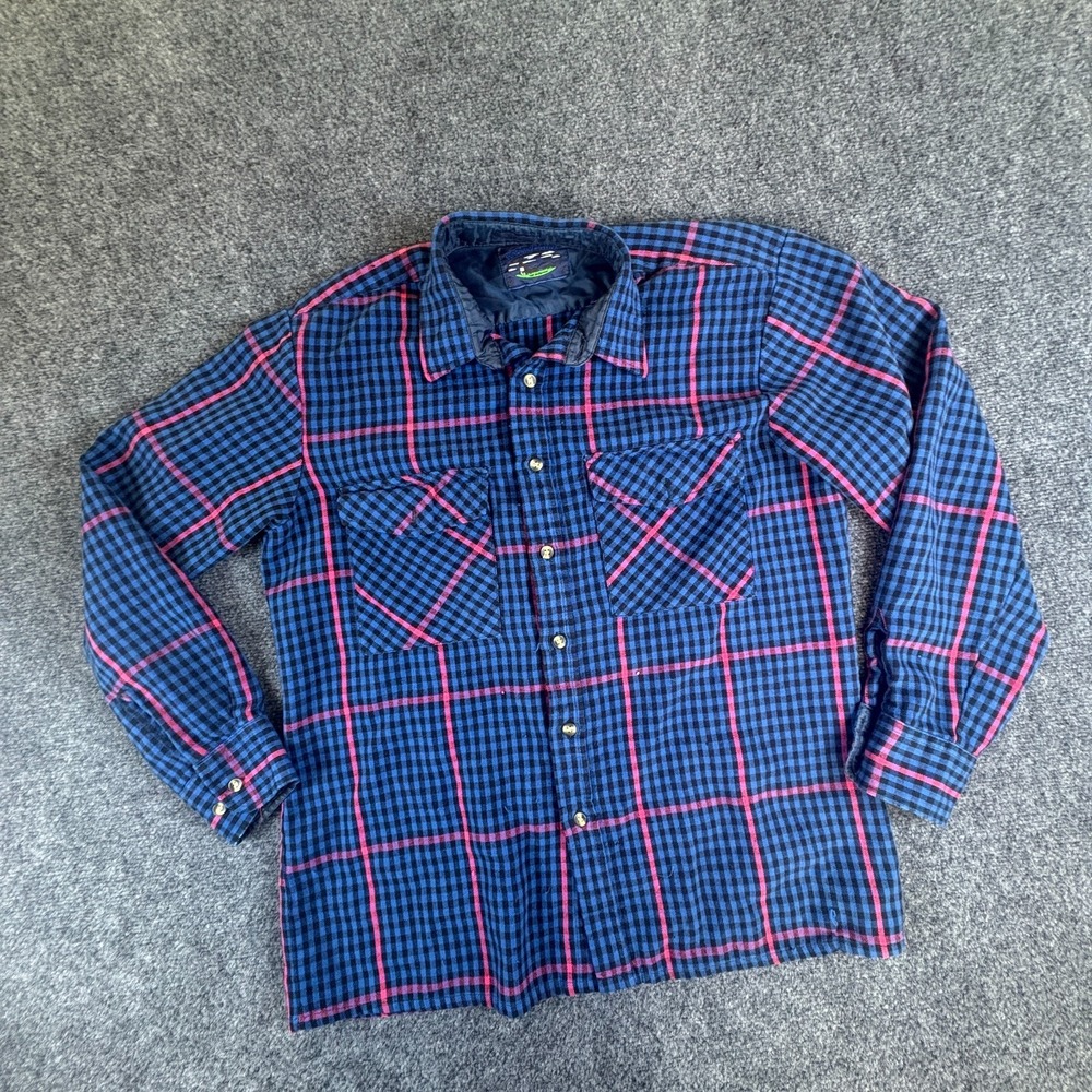 Vintage Backpacker Flannel Shirt Mens L Blue Pink Plaid Acrylic Casual READ